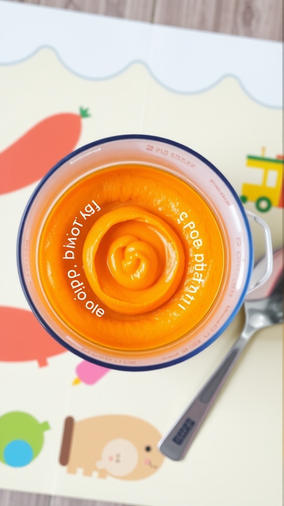Delicious sweet potato puree for babies in a bright bowl with a spoon.